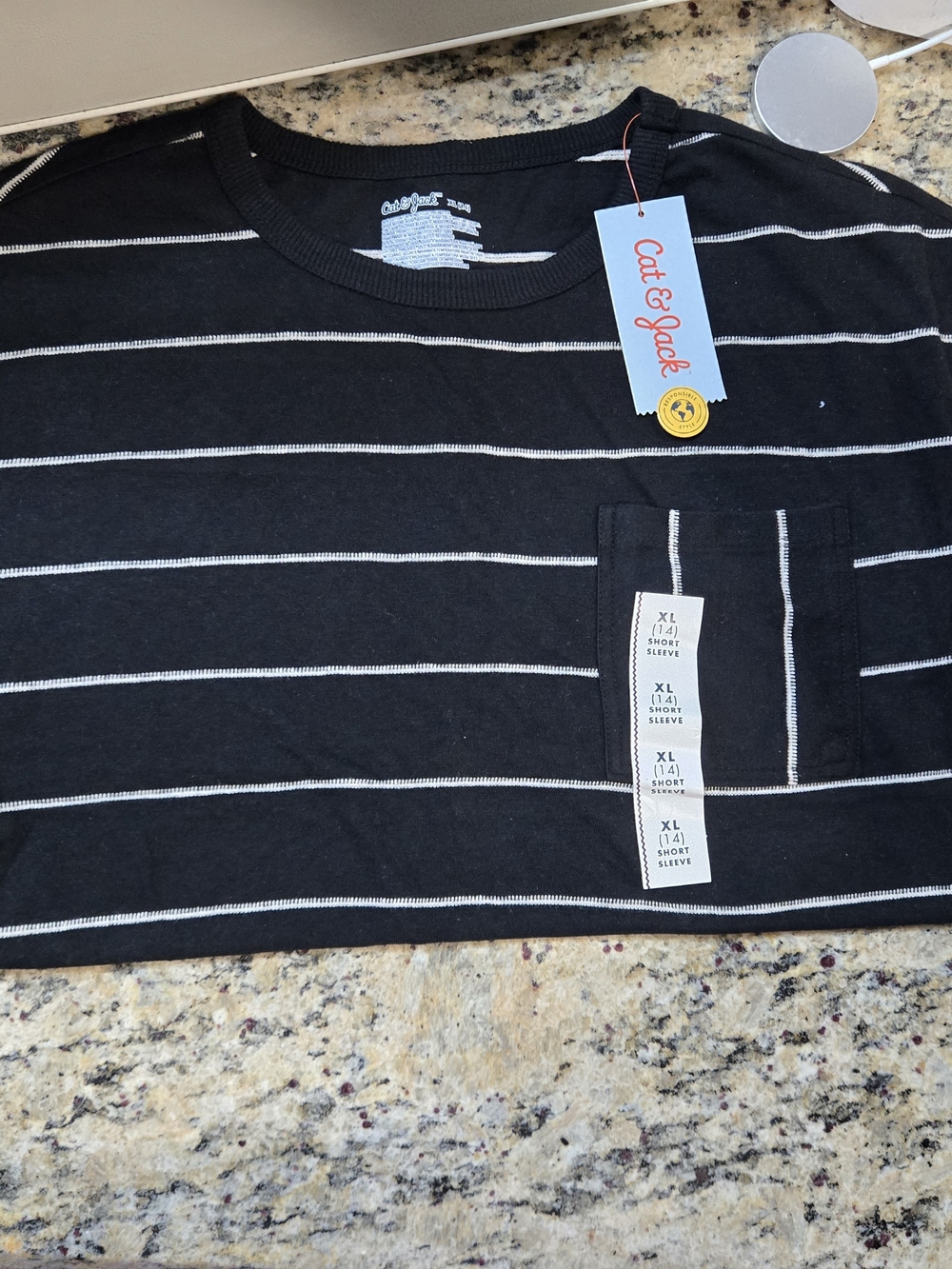 Cat & Jack Black Striped Short Sleeve Tee with Pocket